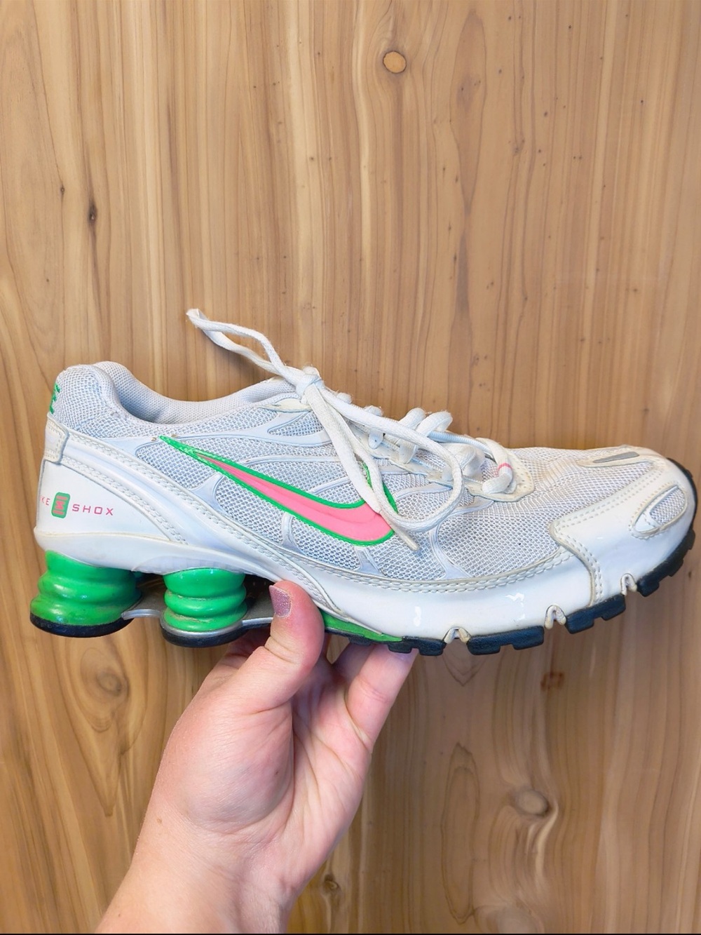 Nike Shox Turbo White Sneakers with Pink & Green Swoosh, Size 8.5